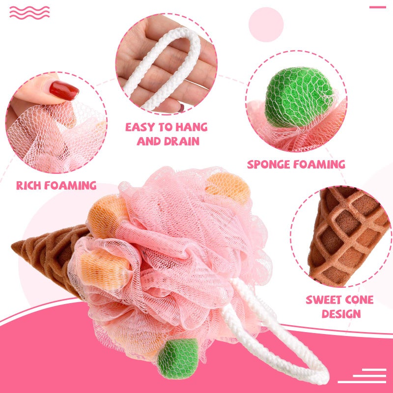 Geiserailie 4 Pieces Kids Loofah Ice Cream Cone Bath Sponge Kids Bath Shower Sponge Body Scrubber Exfoliating Loofah for Kids Spa Shower - Image 3